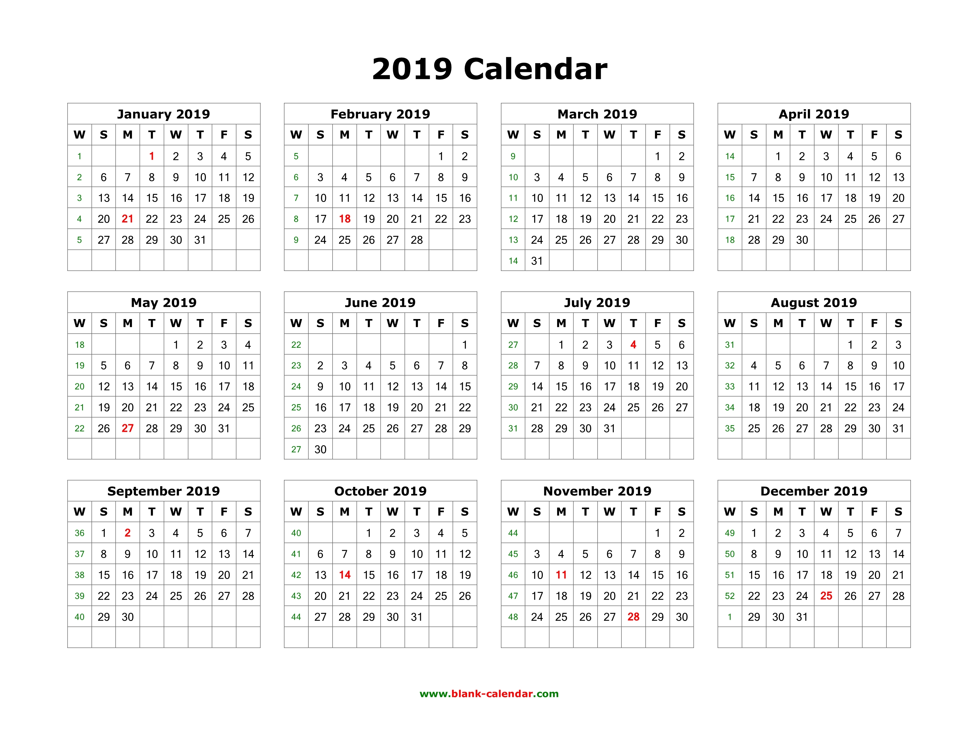 Download Blank Calendar 2019 12 Months On One Page Horizontal 