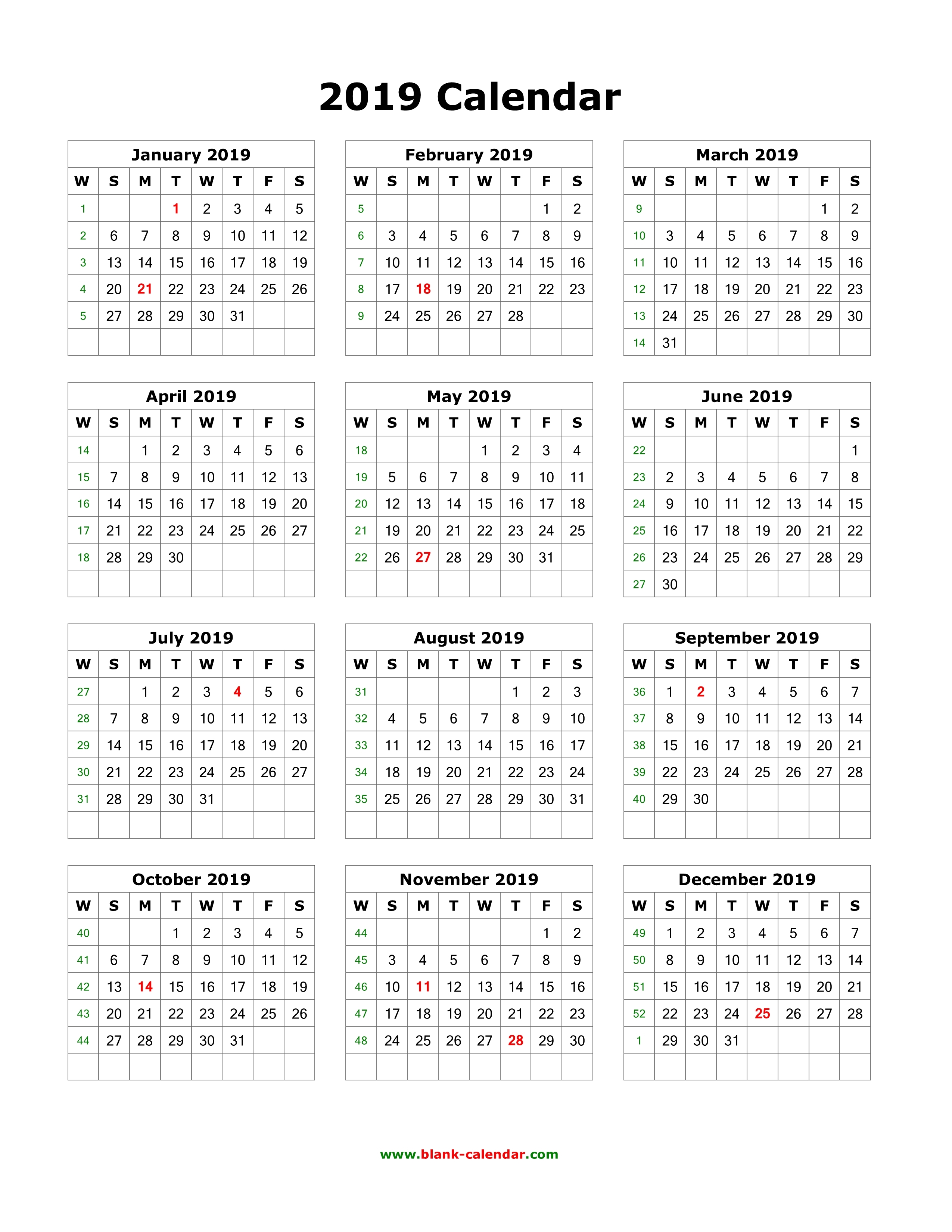 Download Blank Calendar 2019 12 Months On One Page Vertical 