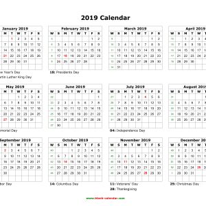 Download Blank Calendar 2019 With Us Holidays 12 Months On One Page