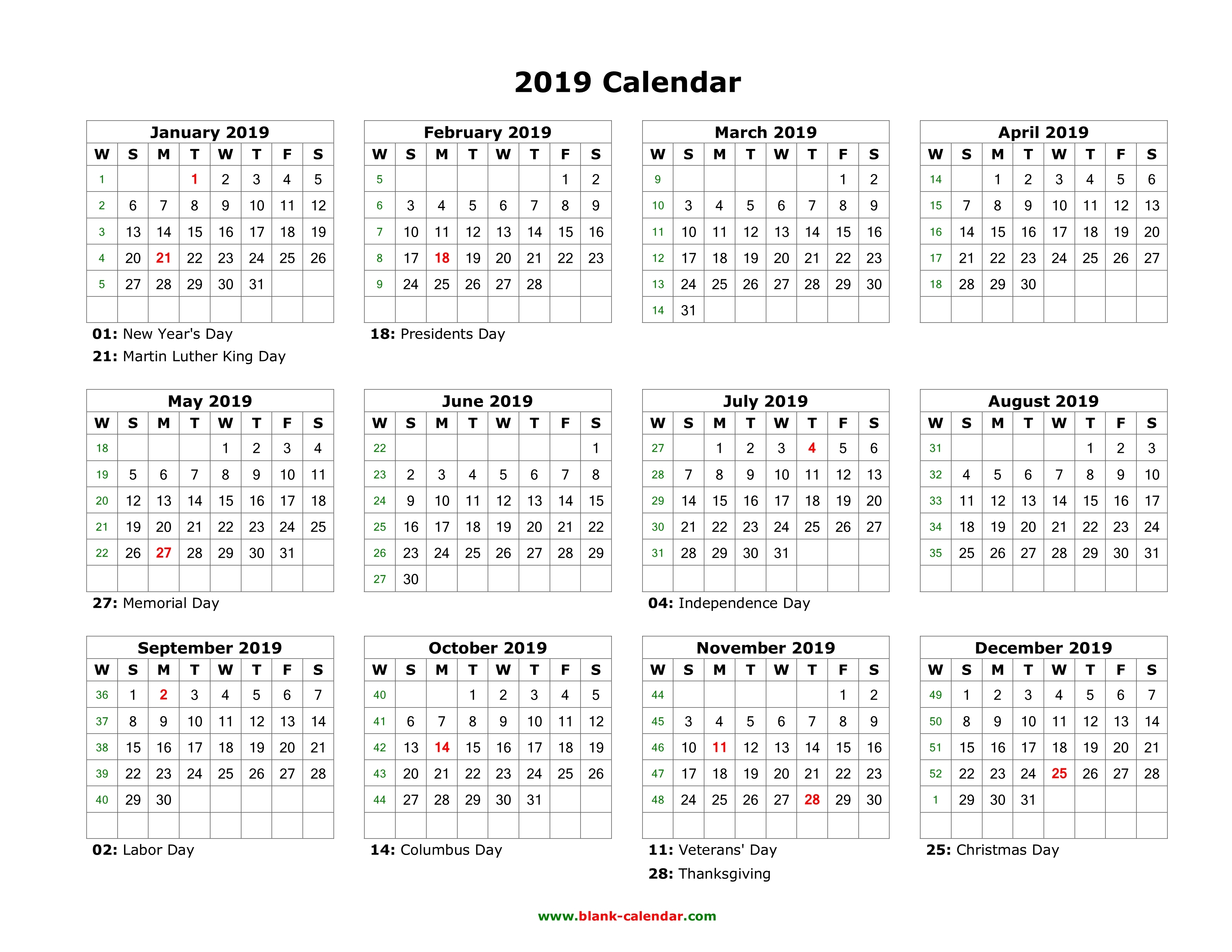 Download Blank Calendar 2019 With Us Holidays 12 Months On One Page 