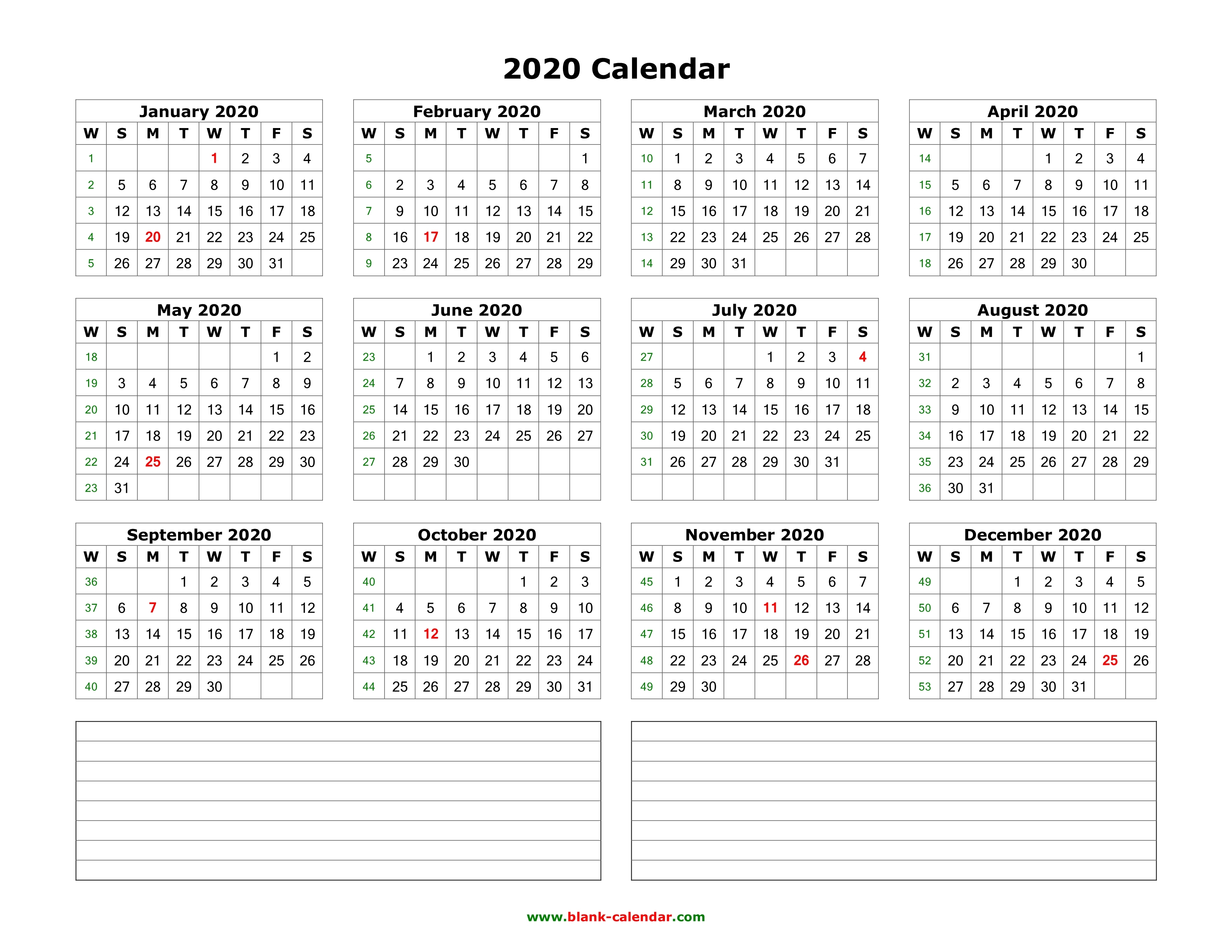 Download Blank Calendar 2020 With Space For Notes 12 Months On One 