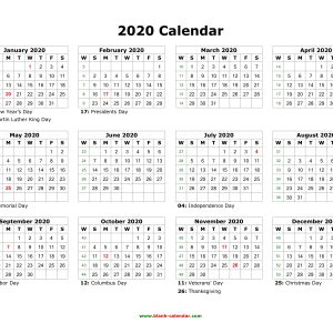 Download Blank Calendar 2020 With Us Holidays 12 Months On One Page