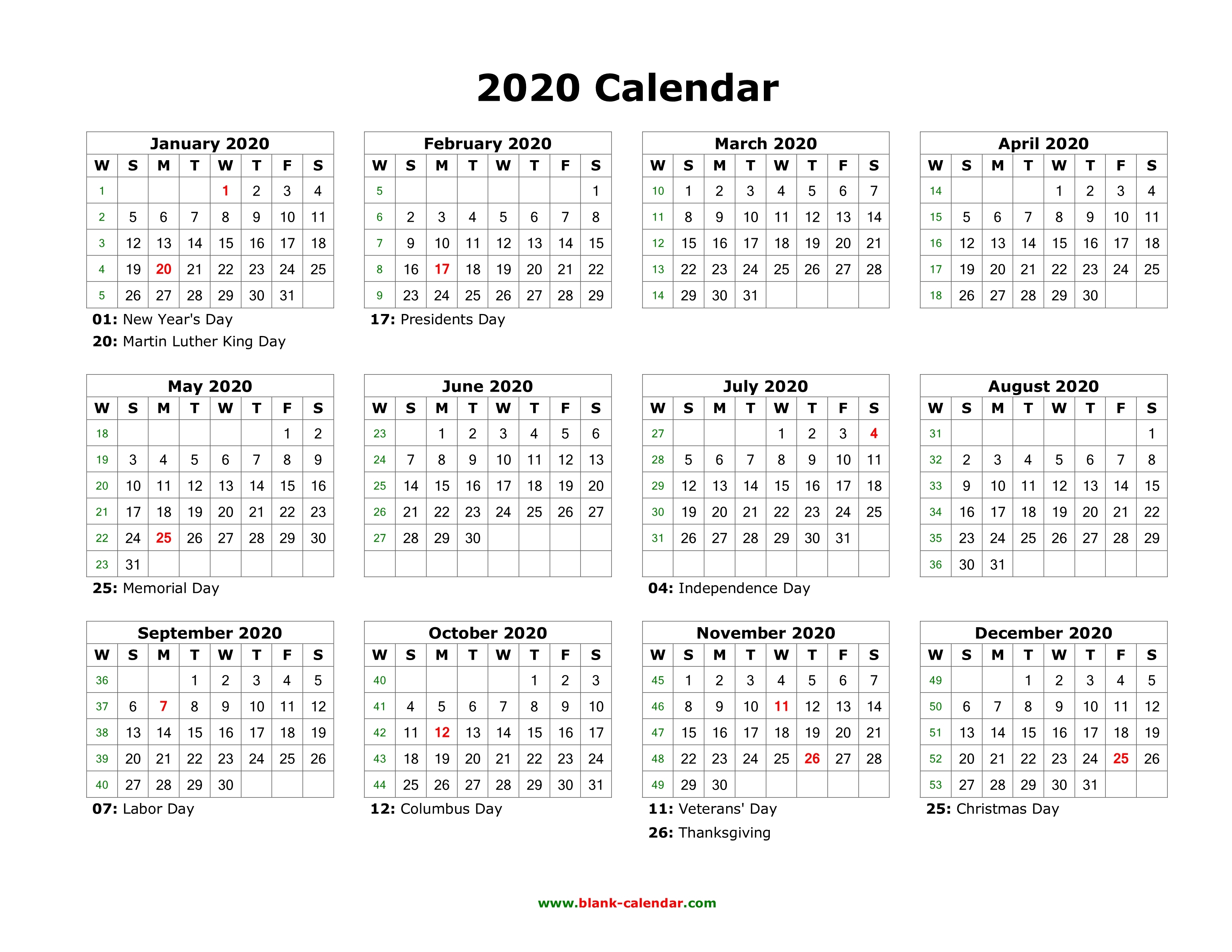 Download Blank Calendar 2020 With Us Holidays 12 Months On One Page