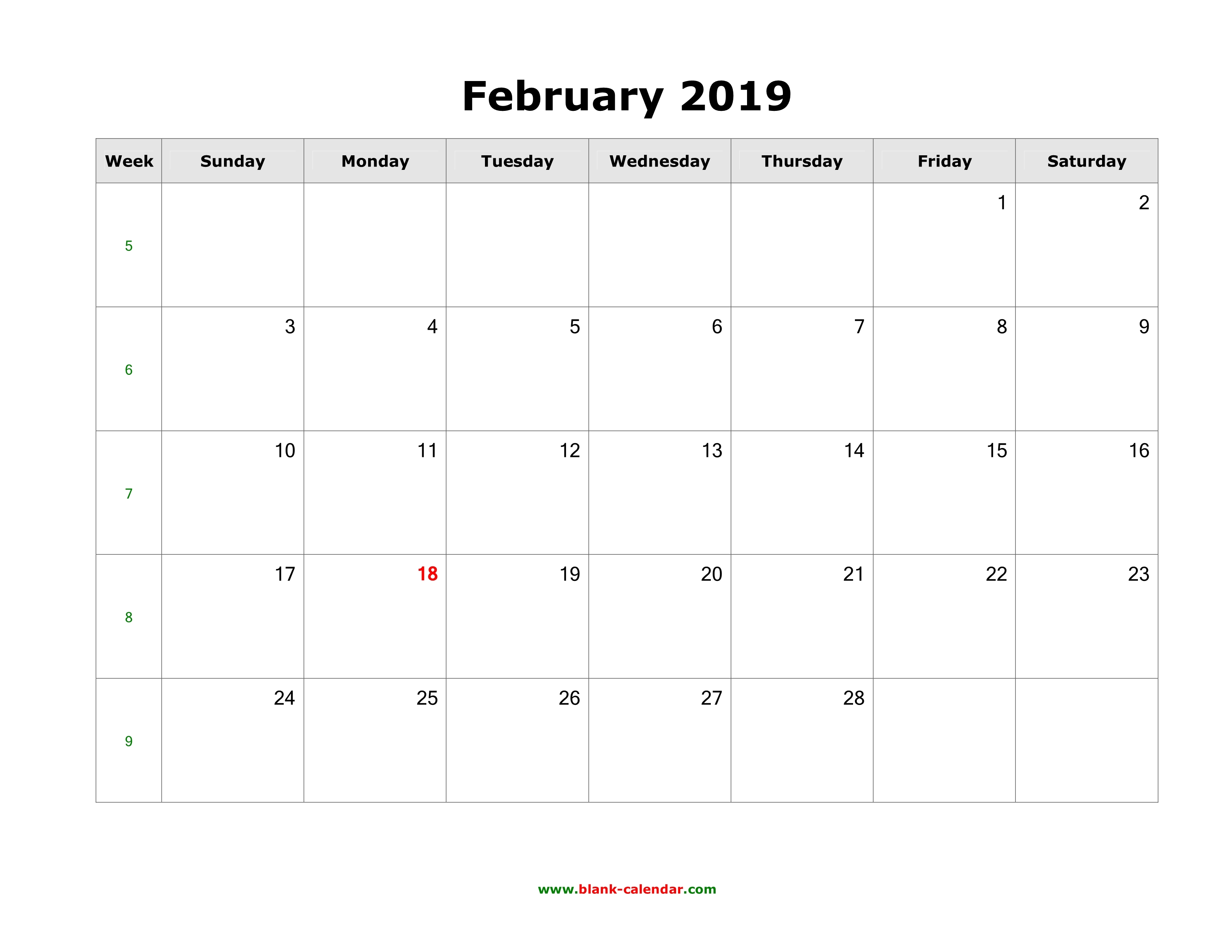 Download February 2019 Blank Calendar Horizontal 