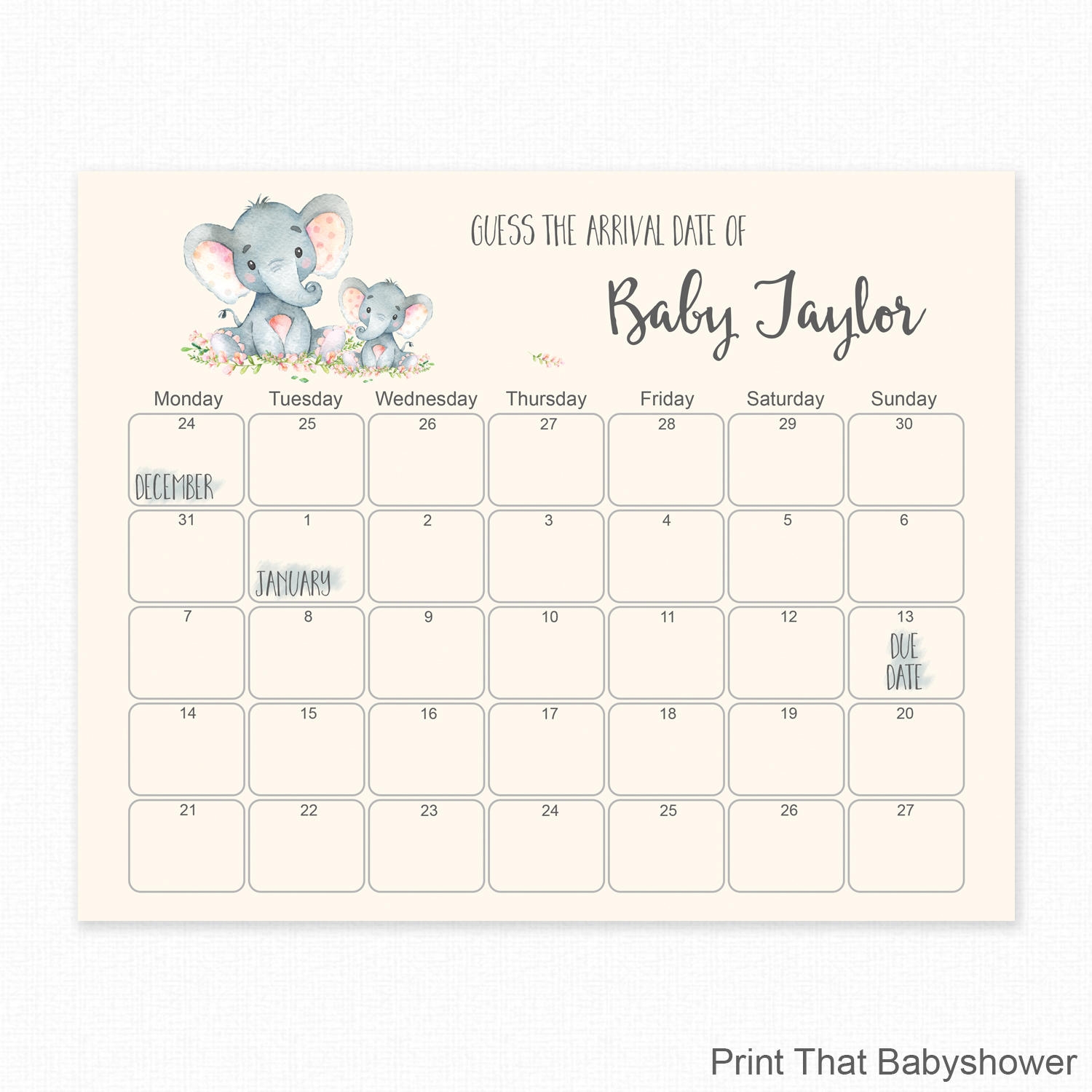 Elephant Ba Shower Guess The Due Date Ba Shower Games Etsy