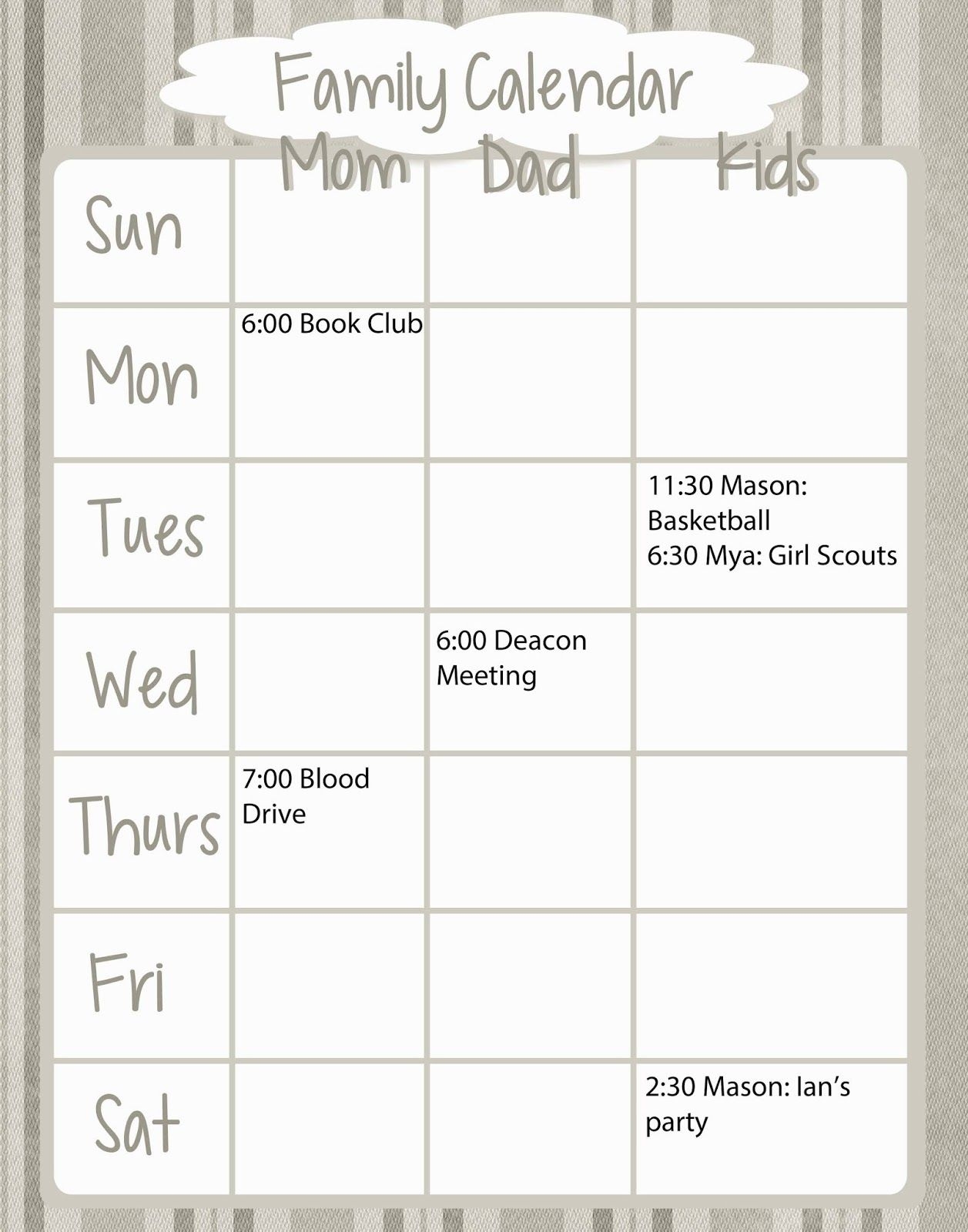 Family Weekly Calendar Free Printable Kids Pinterest Family 