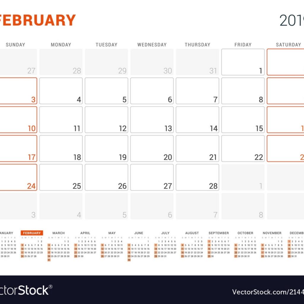 February 2019 Calendar Planner For 2019 Year Vector Image