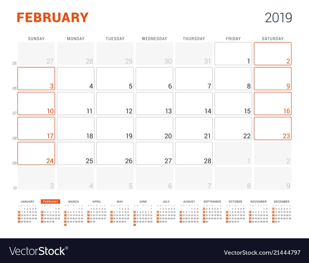 February 2019 Calendar Planner For 2019 Year Vector Image 