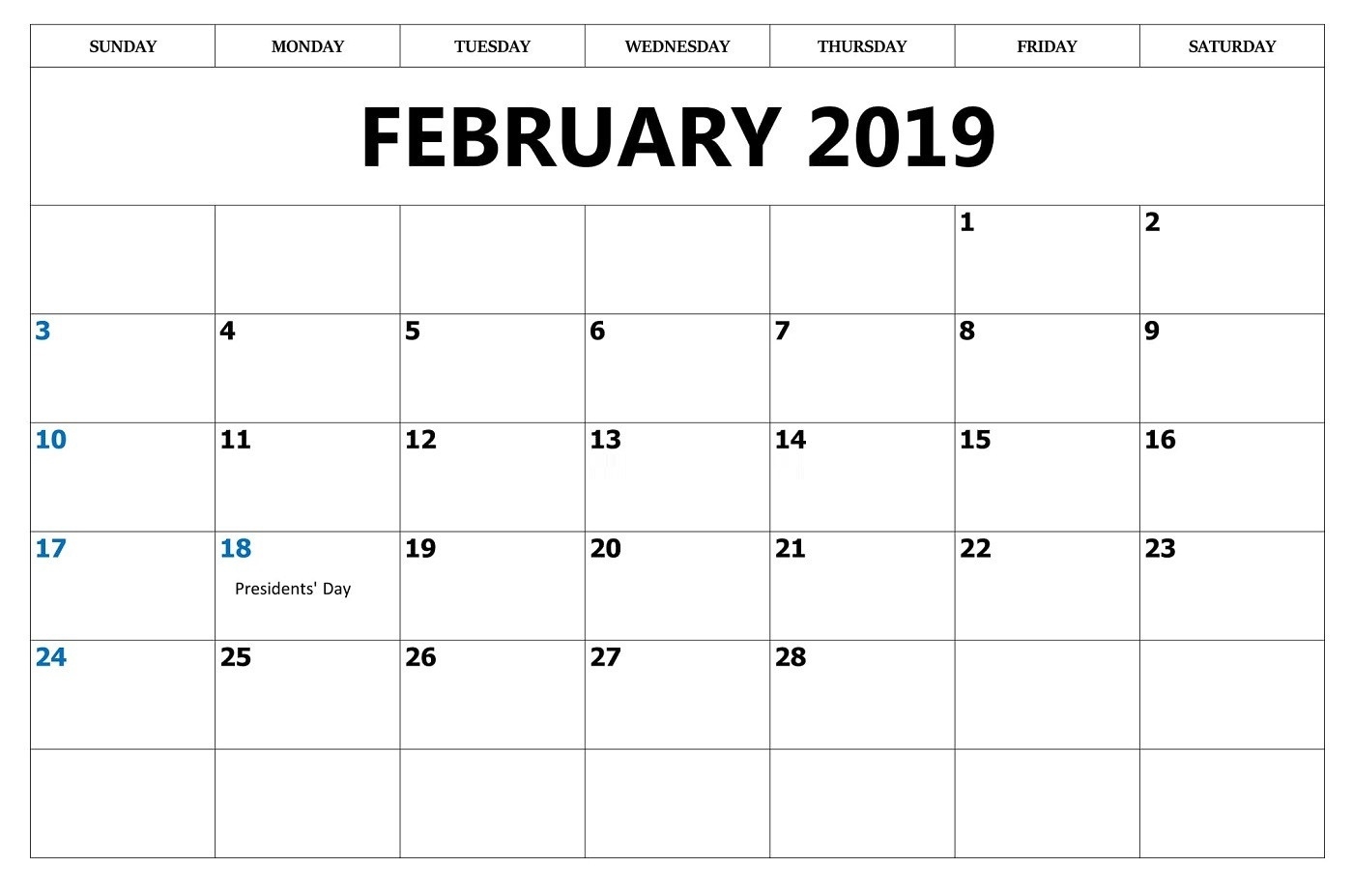 February 2019 Calendar With Holidays Printable Free Printable