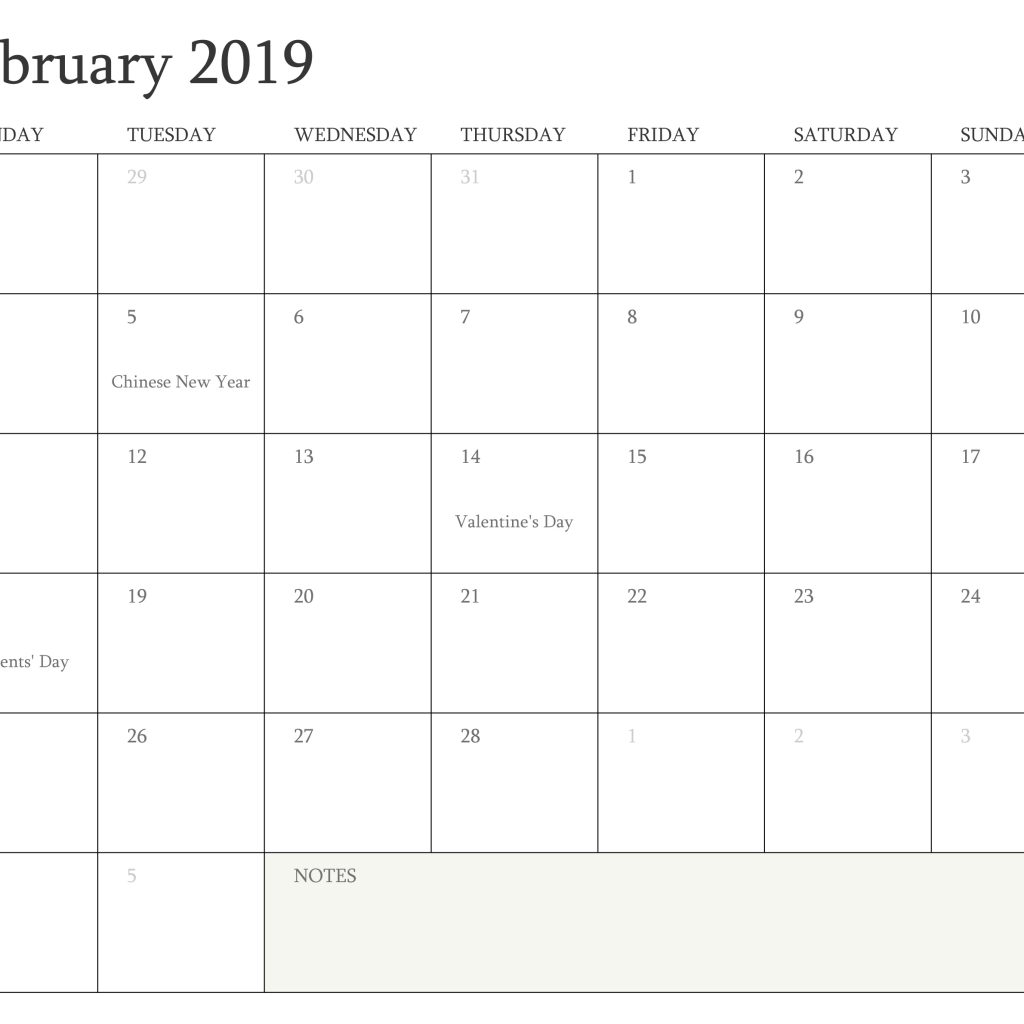 February 2019 Calendar With Holidays Printable Manage Work