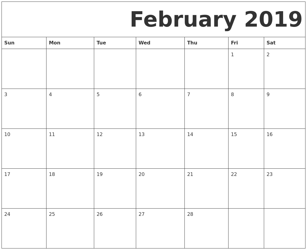 February 2019 Free Printable Calendar 