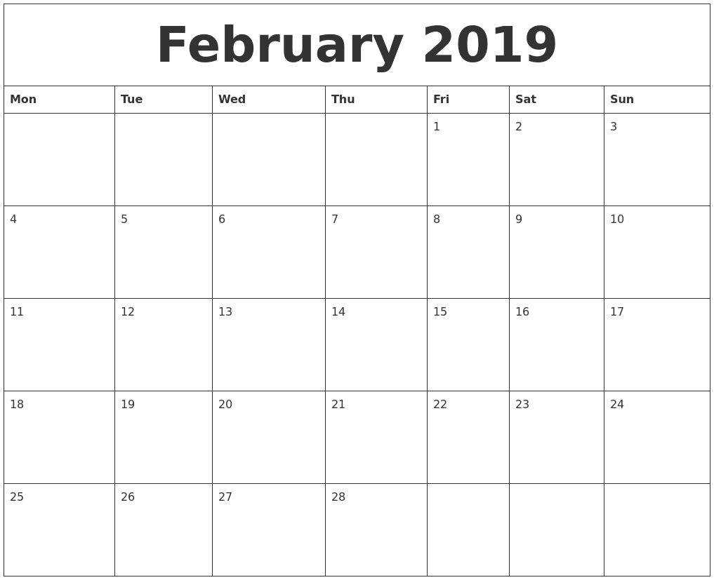 February 2019 Printable Calendar Word February 2019 Calendar 