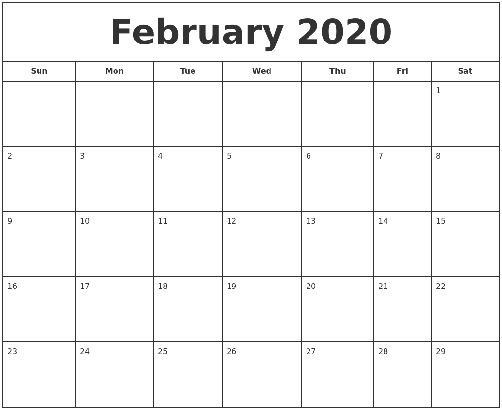 February 2020 Print Free Calendar 