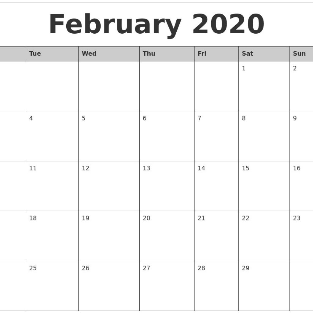 February Printable Calendar 2020 February 2020 Monthly Calendar