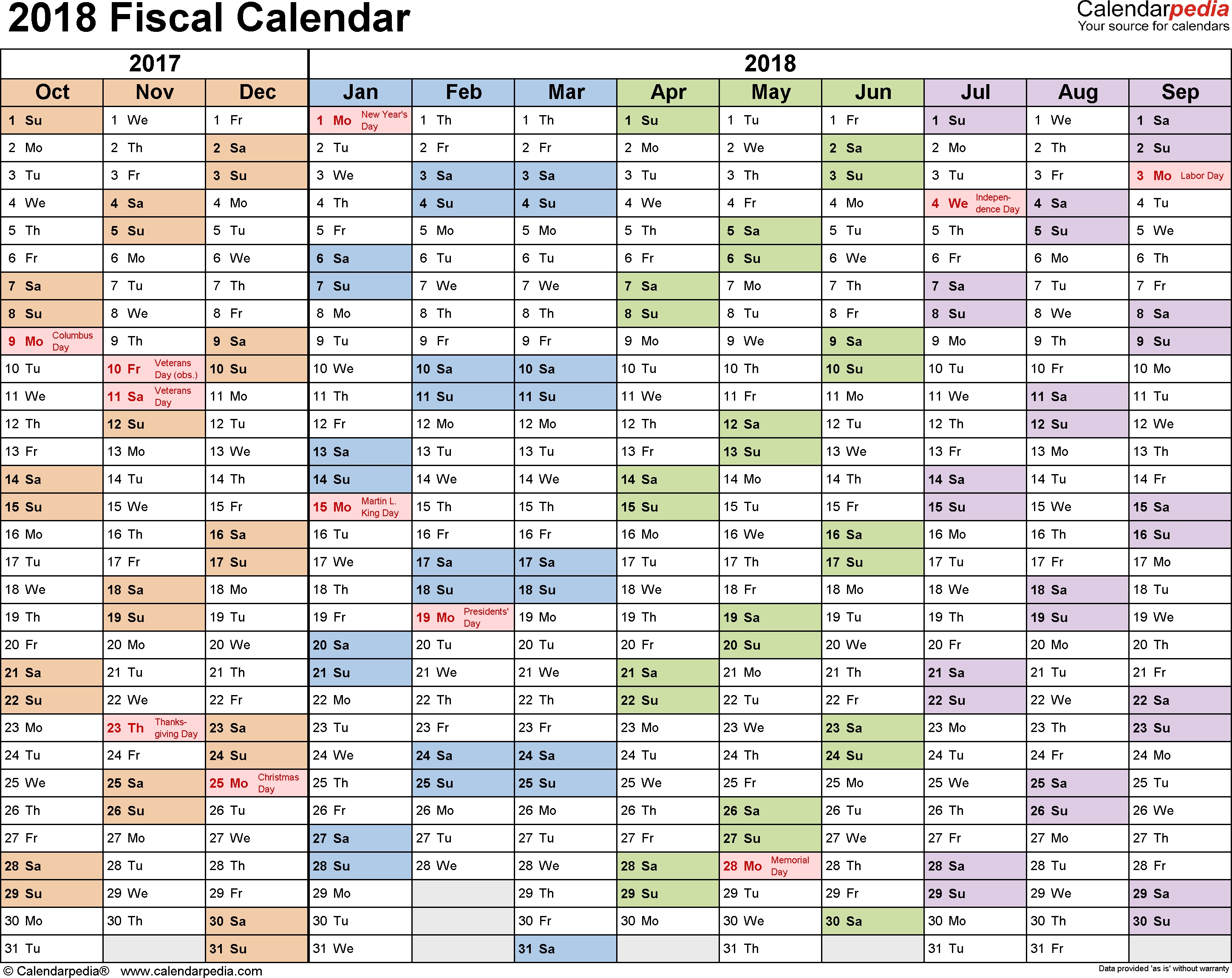 Fiscal Calendars 2018 As Free Printable Pdf Templates 