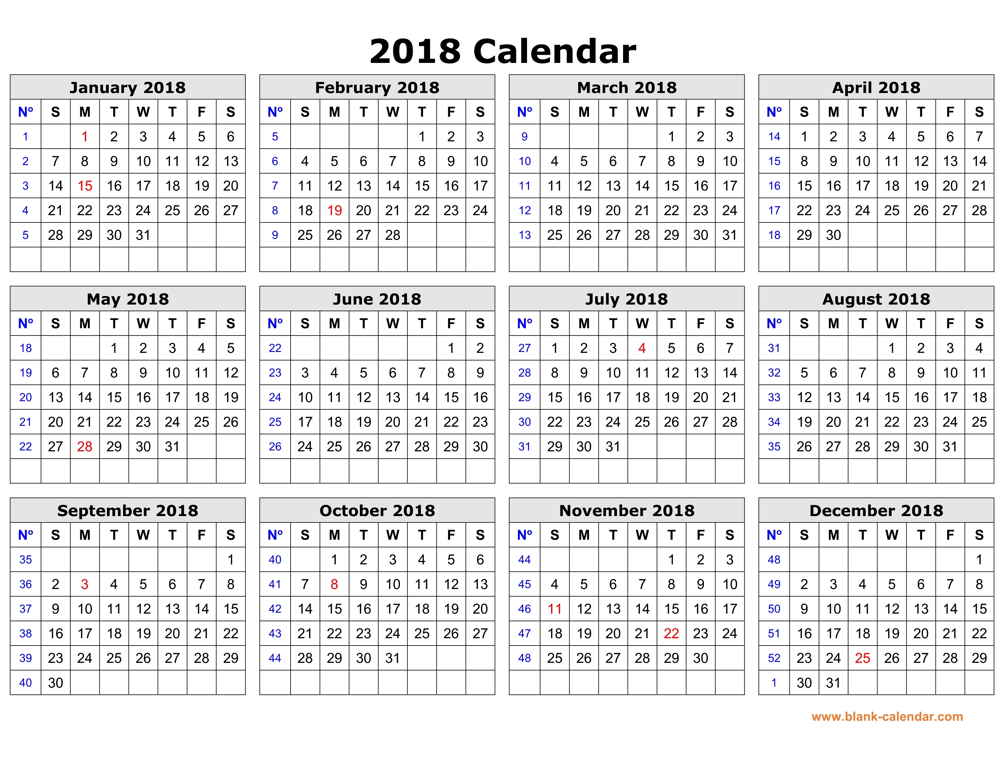 Free Download Printable Calendar 2018 In One Page Clean Design 