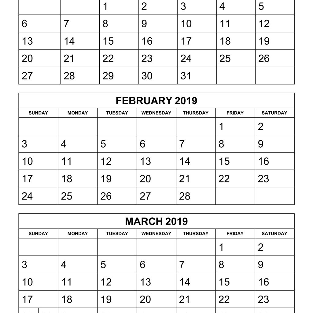 Free Download Printable Calendar 2019 3 Months Per Page 4 Pages