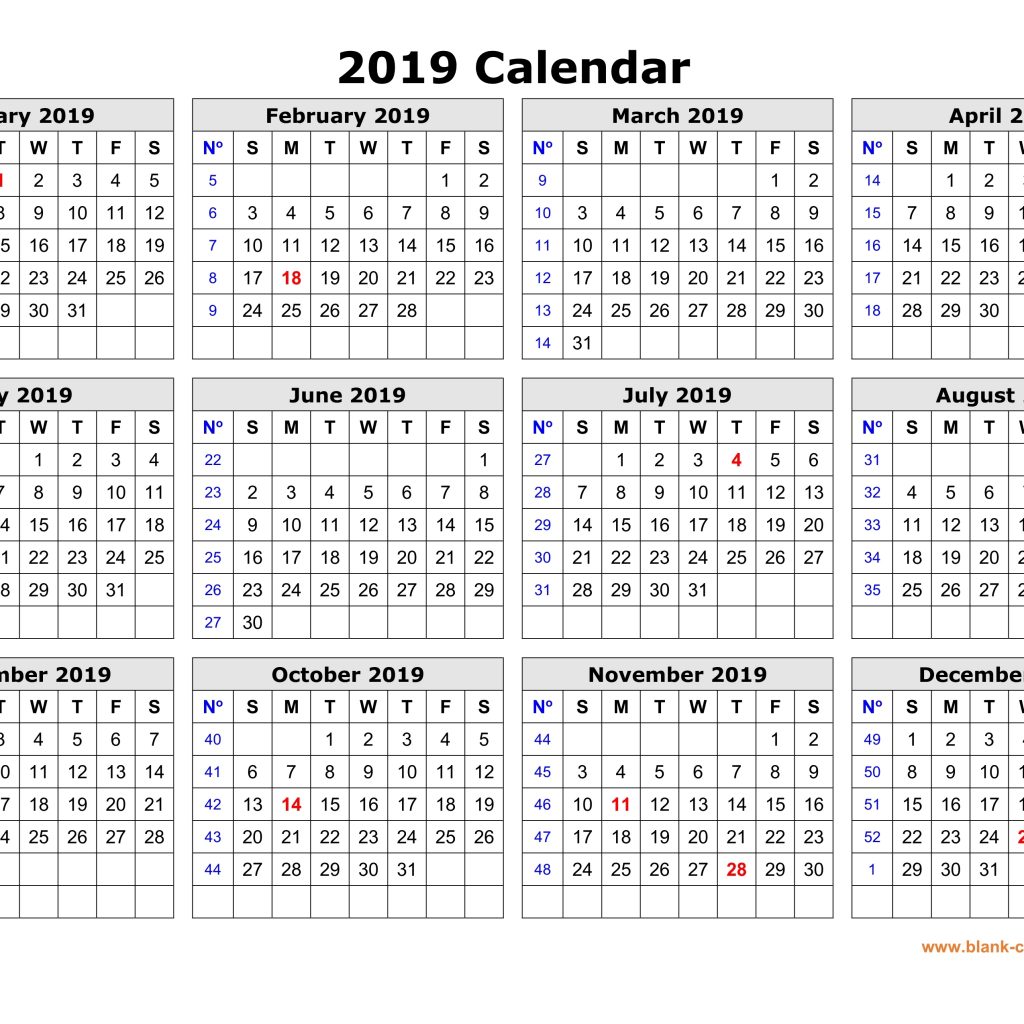 Free Download Printable Calendar 2019 In One Page Clean Design