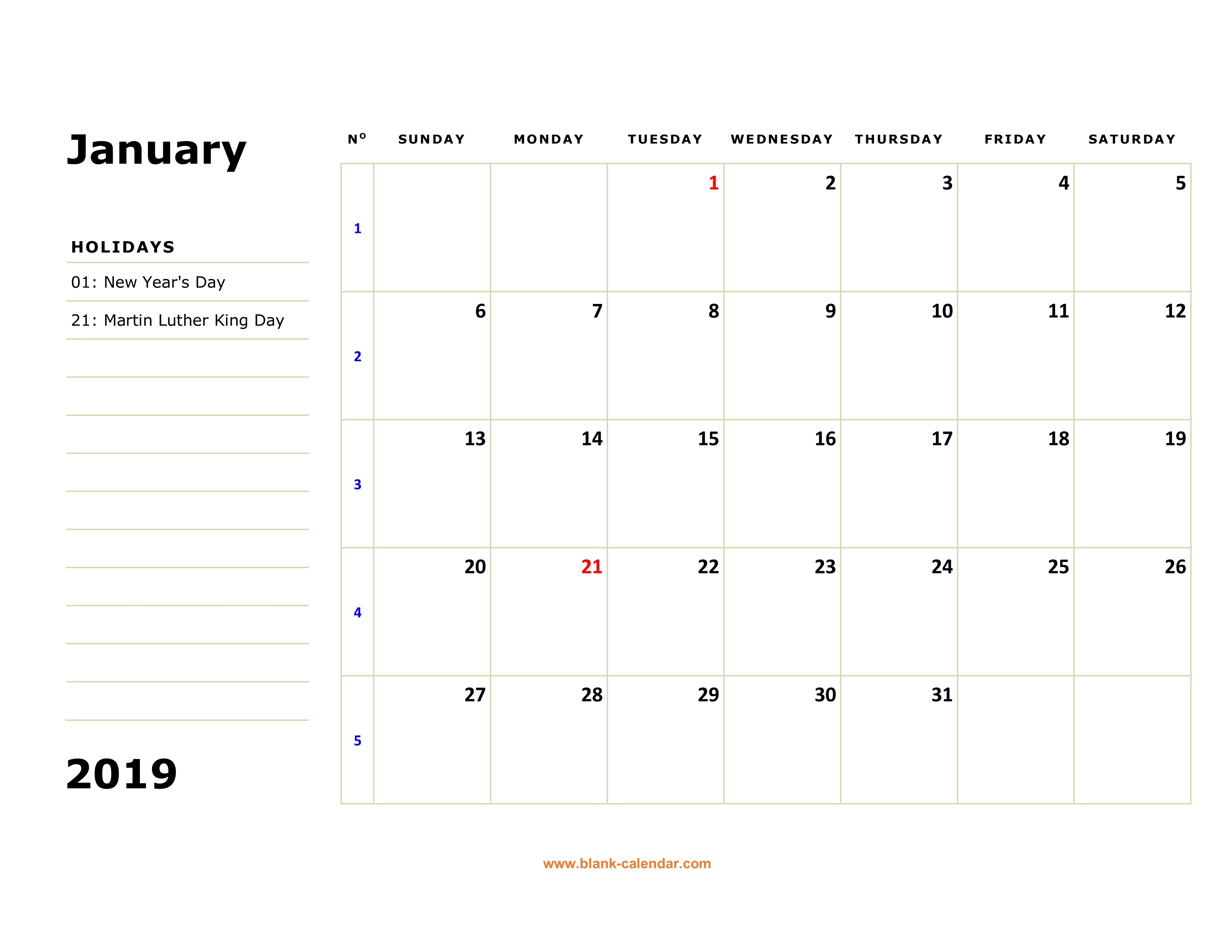 Free Download Printable Calendar 2019 Large Box Holidays Listed 