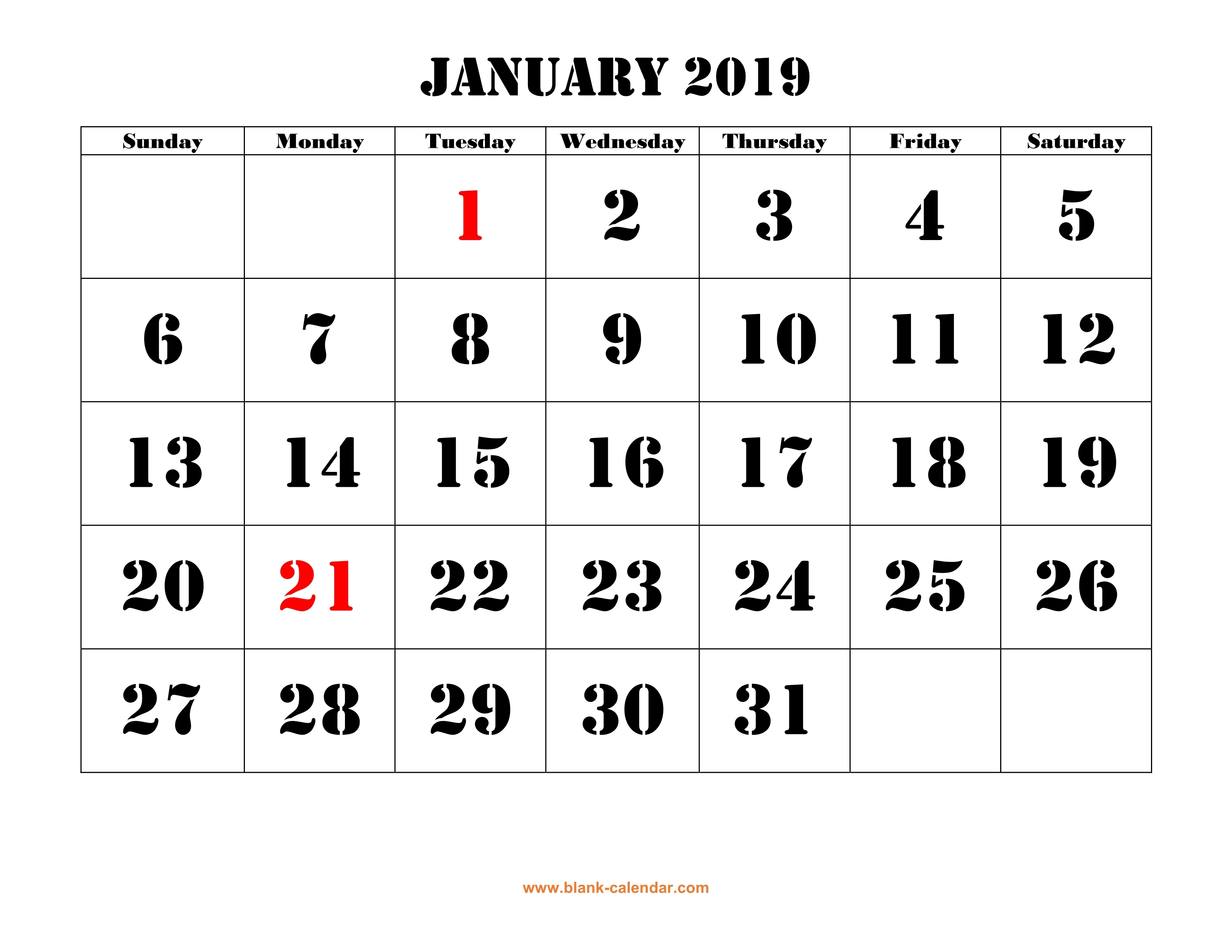 Free Download Printable Calendar 2019 Large Font Design Holidays