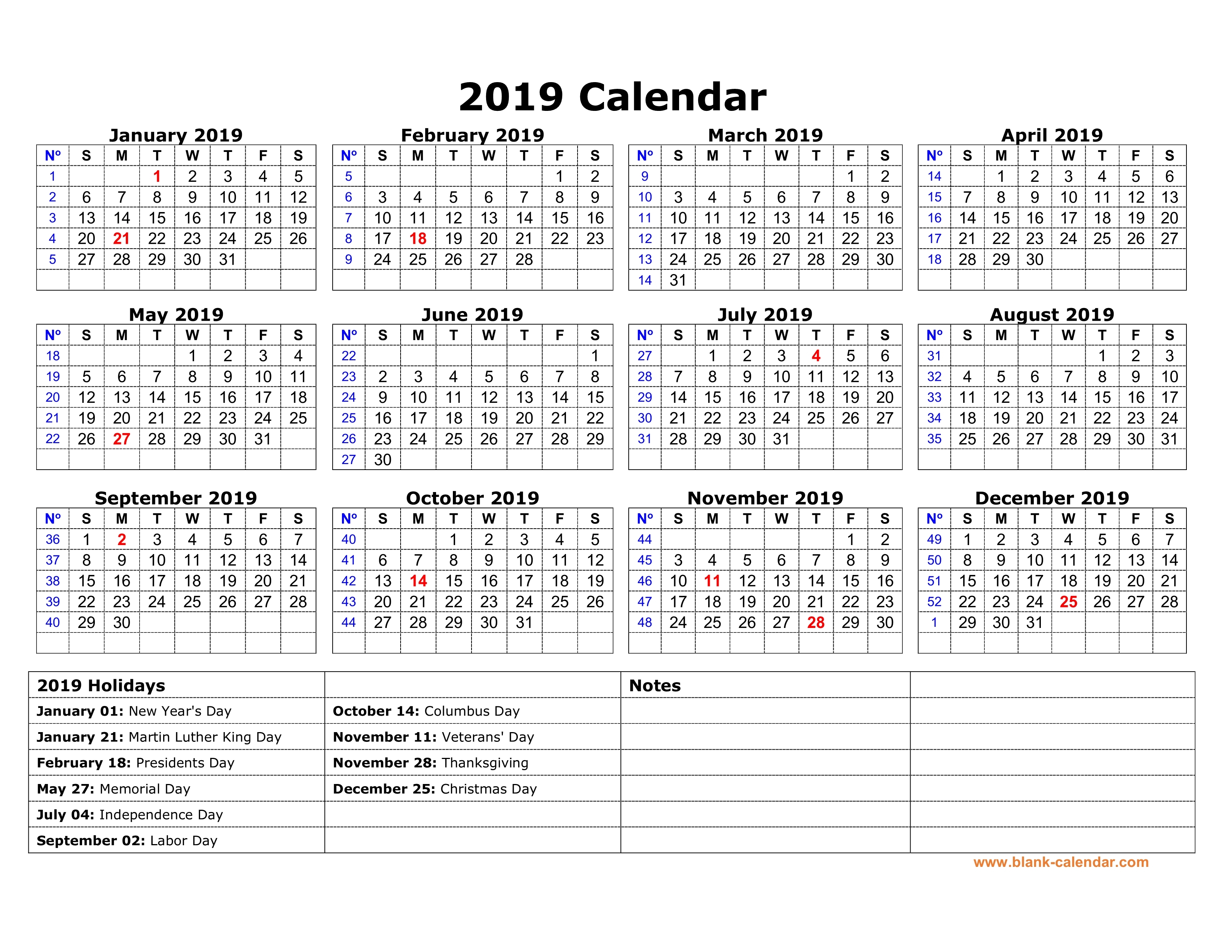 Free Download Printable Calendar 2019 With Us Federal Holidays One