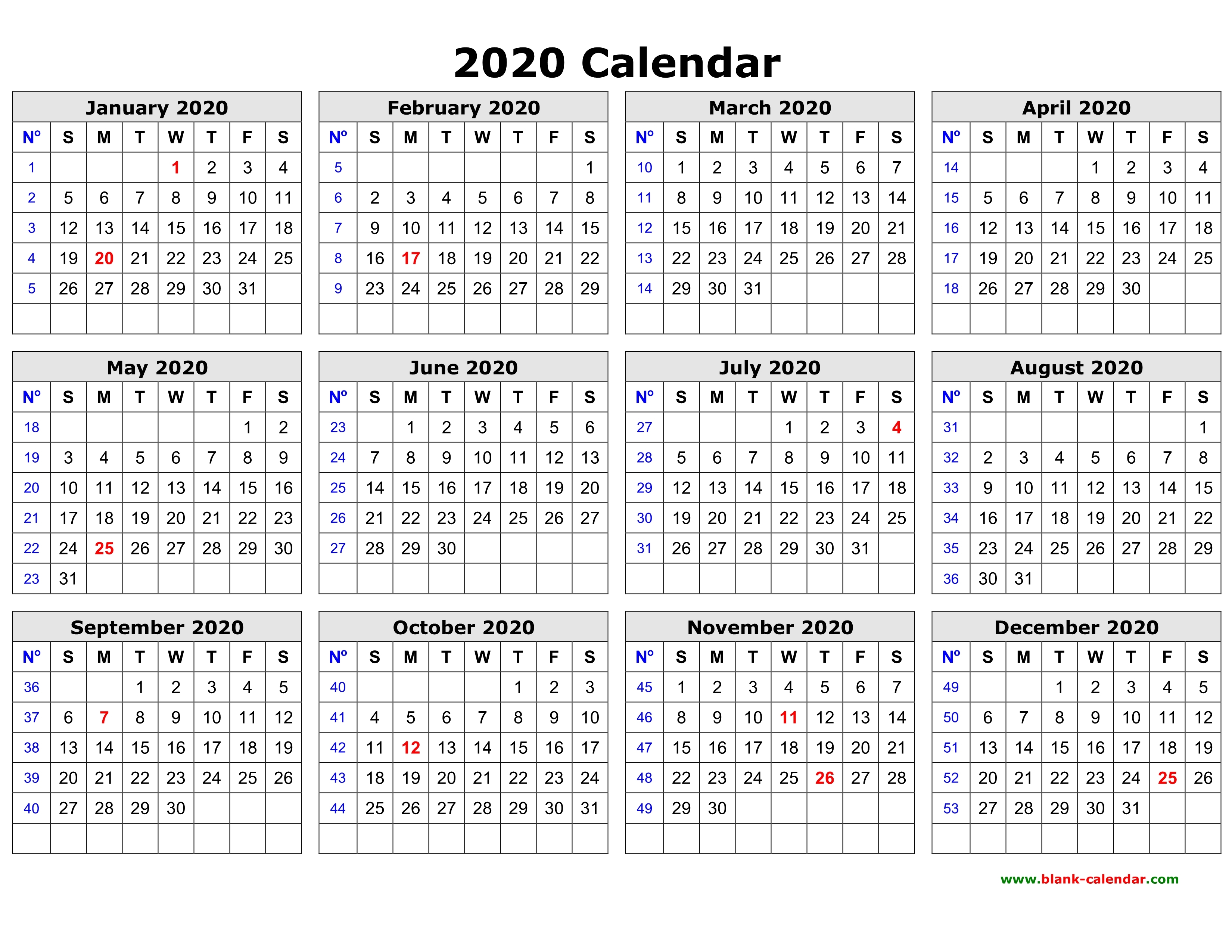 Free Download Printable Calendar 2020 In One Page Clean Design 