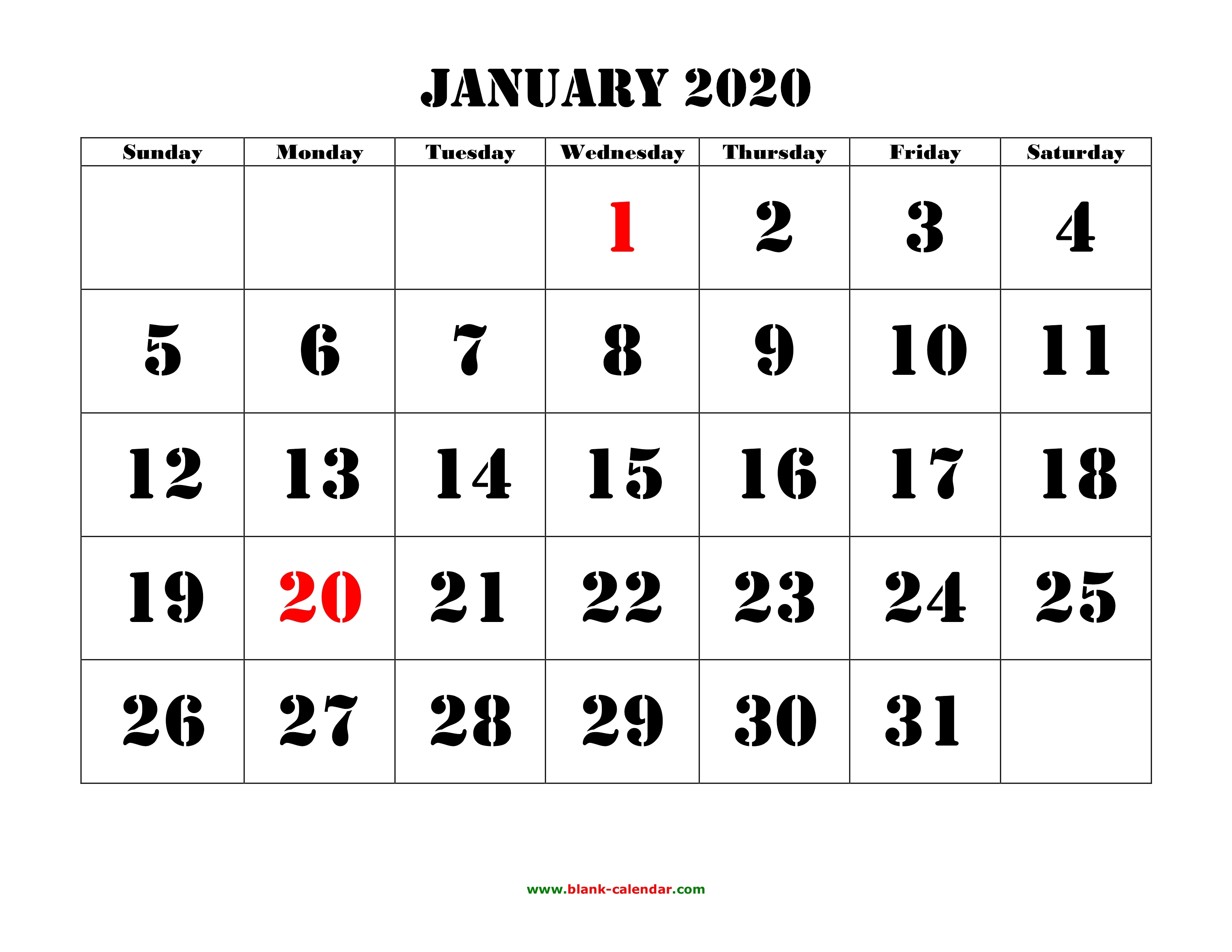 Free Download Printable Calendar 2020 Large Font Design Holidays