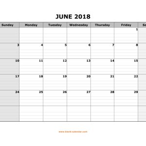 Free Download Printable June 2018 Calendar Large Box Grid Space