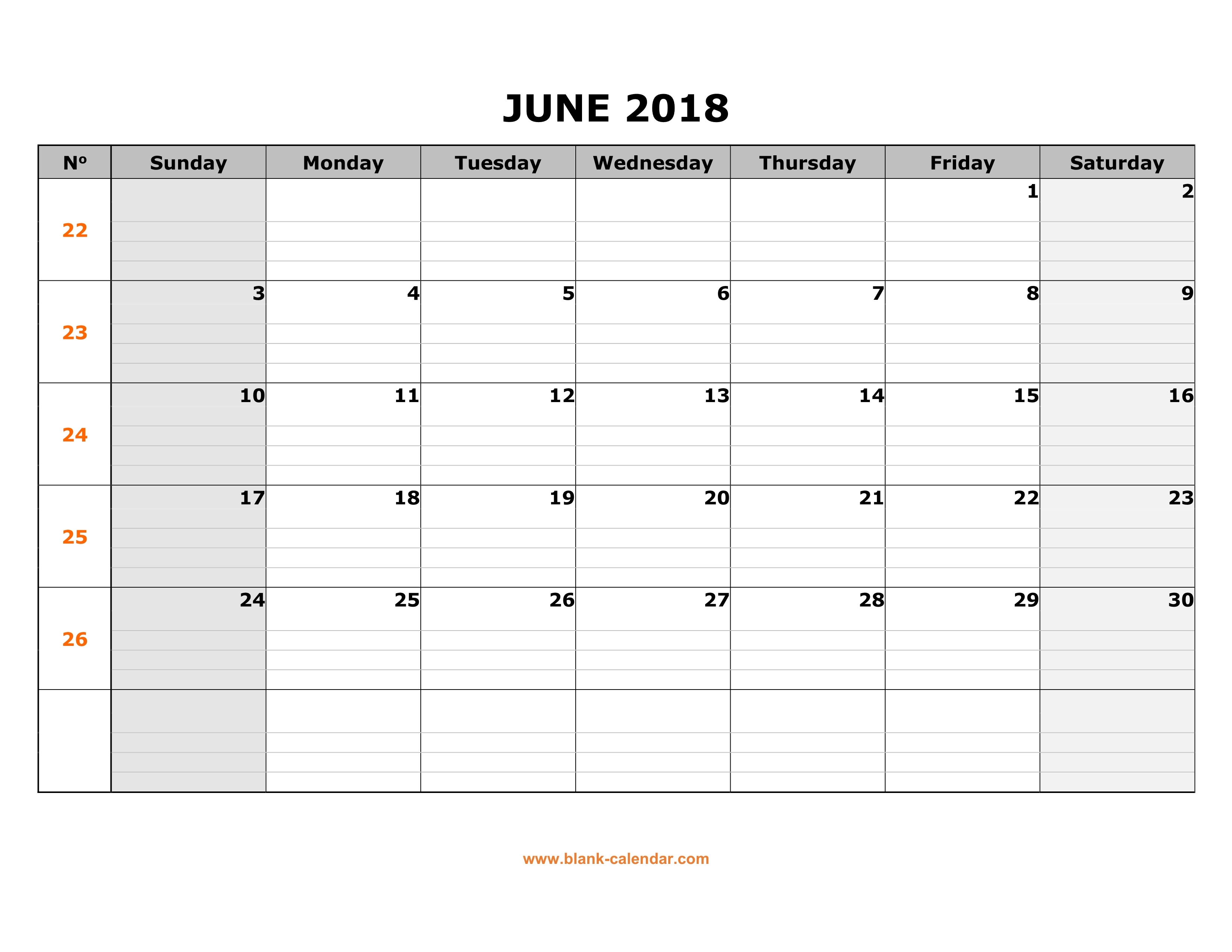 Free Download Printable June 2018 Calendar Large Box Grid Space