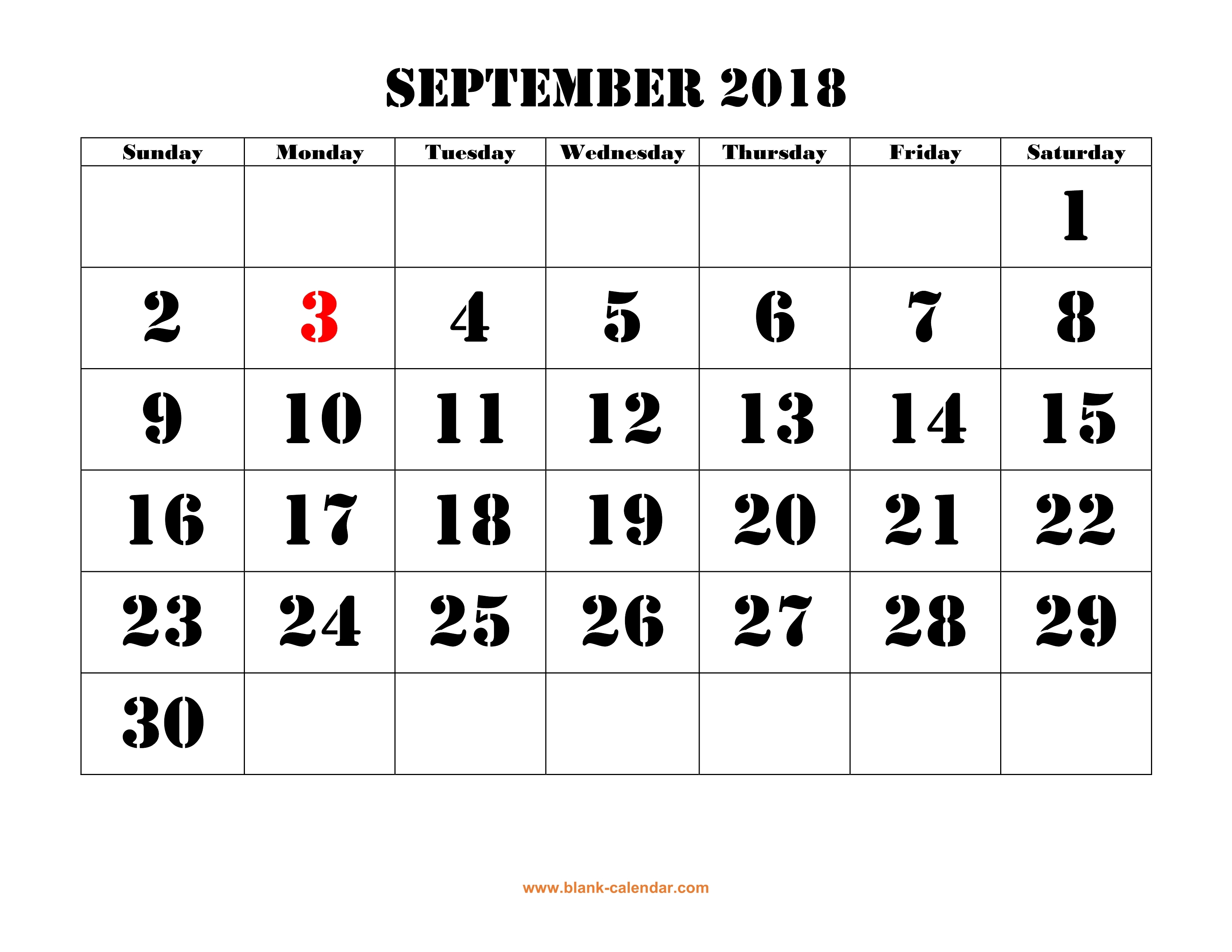 Free Download Printable September 2018 Calendar Large Font Design 