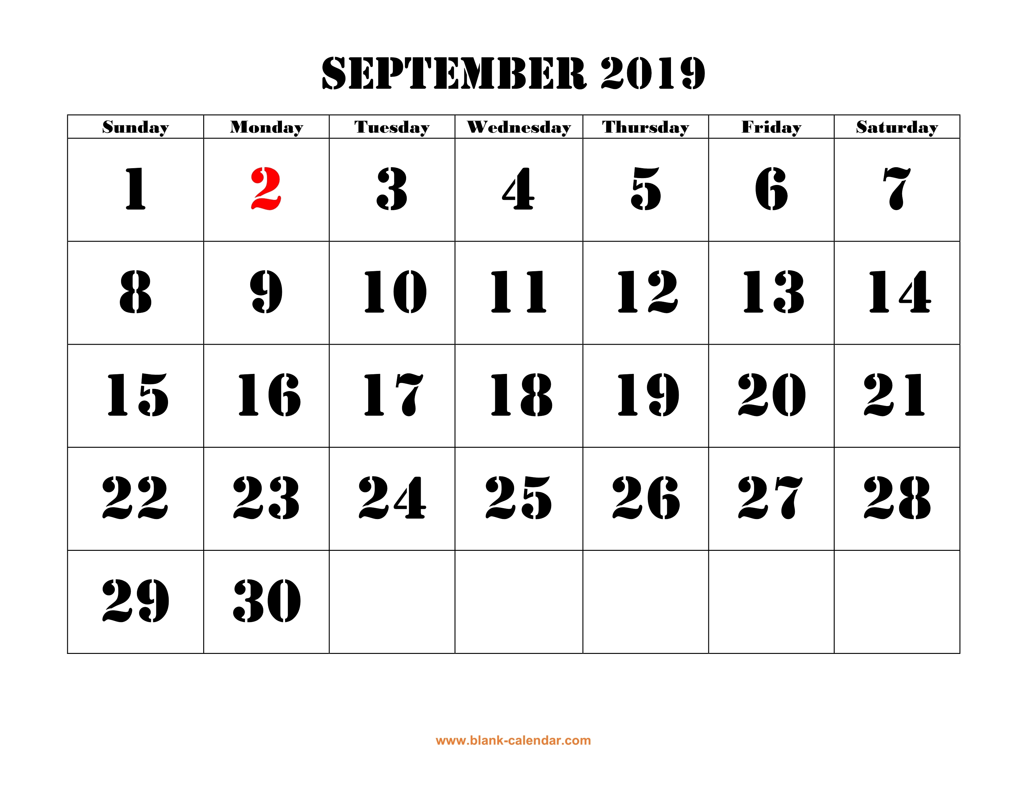 Free Download Printable September 2019 Calendar Large Font Design 