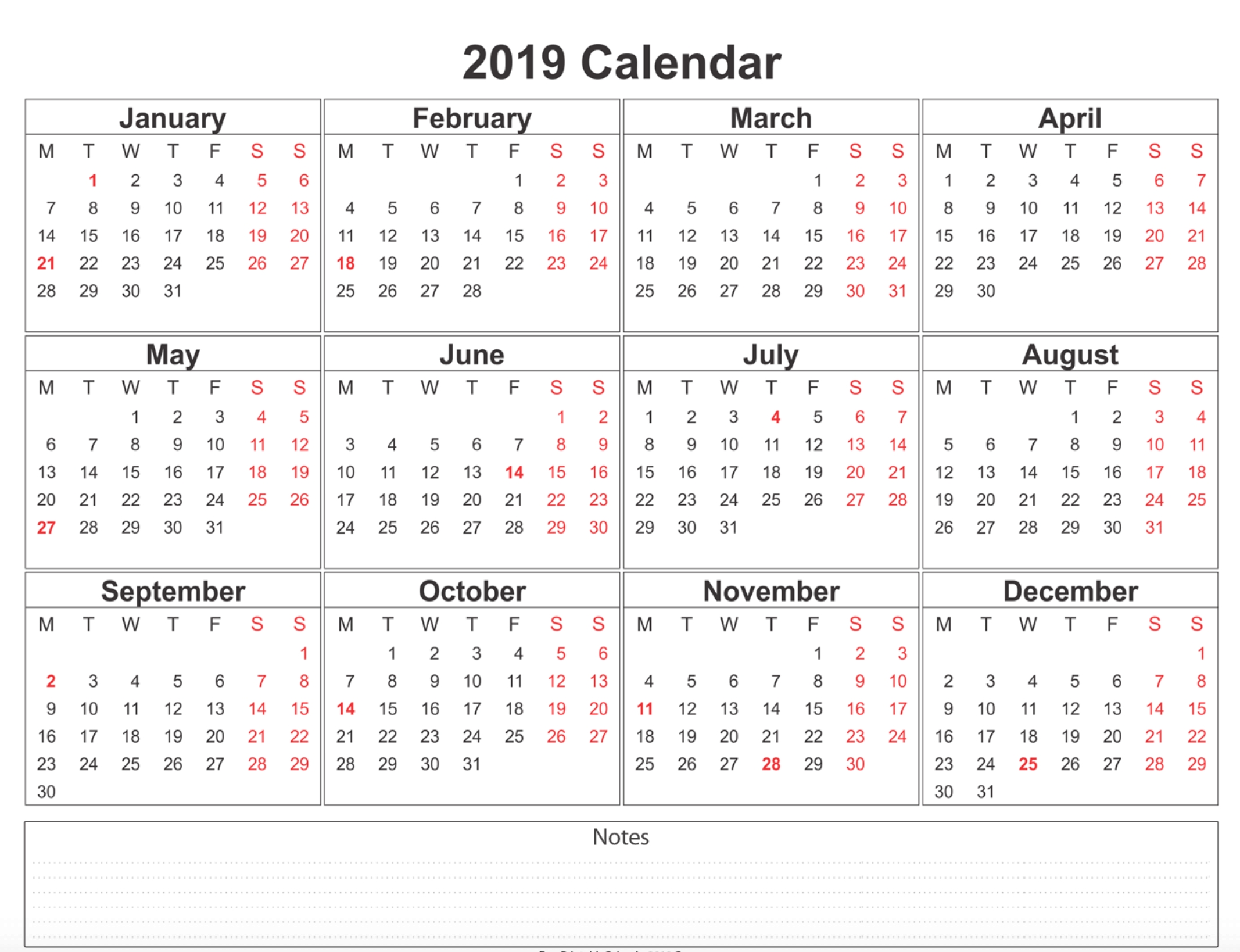 Free Printable Calendar 2019 With Holidays Blank 12 Month Calendar