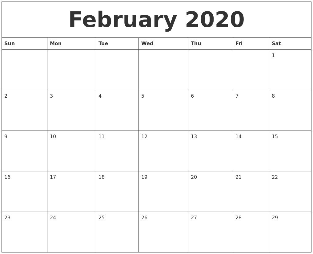 Free Printable Feb 2020 Calendar February 2020 Monthly Printable 