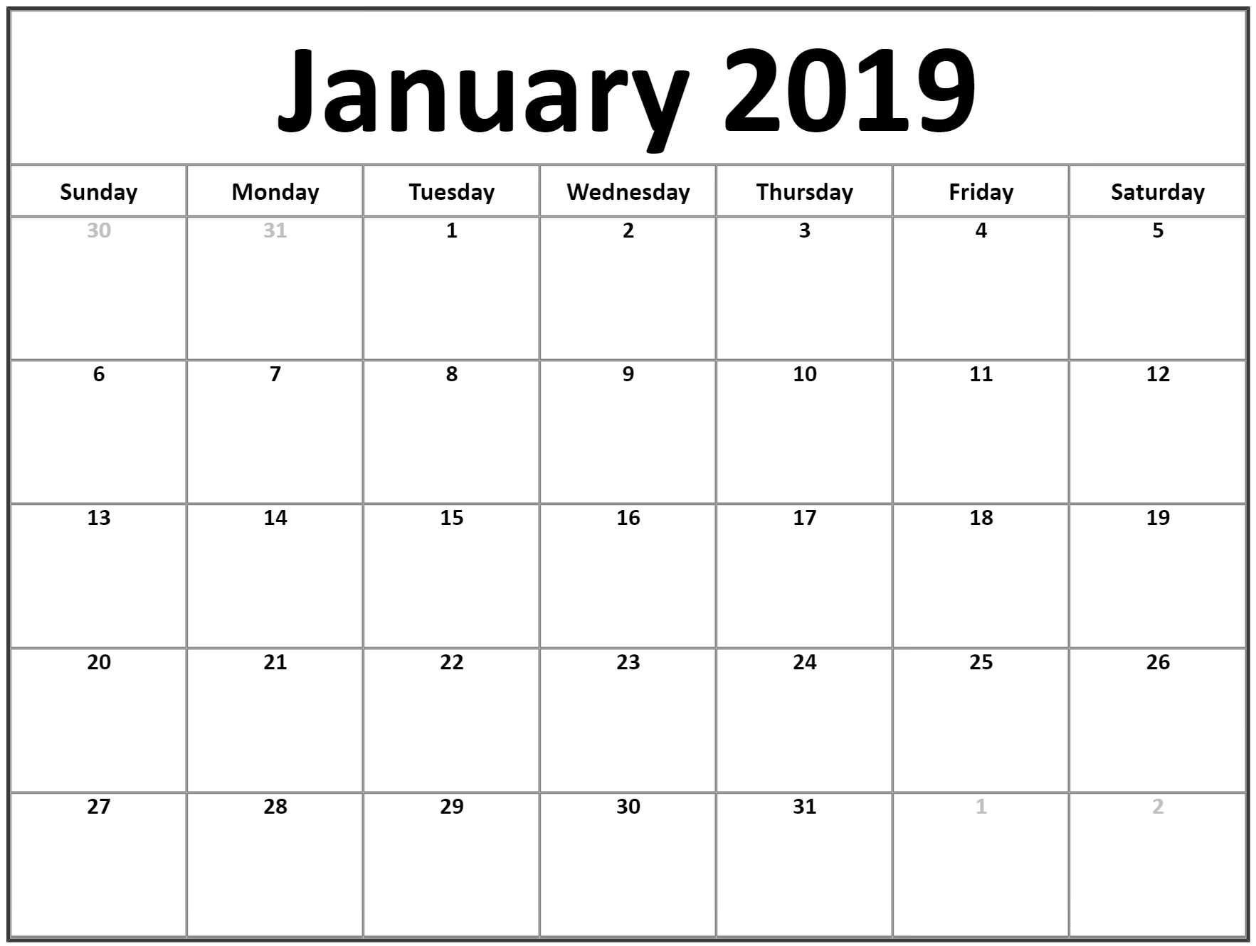 Free Printable January 2019 Blank Calendar Printable Calendar 