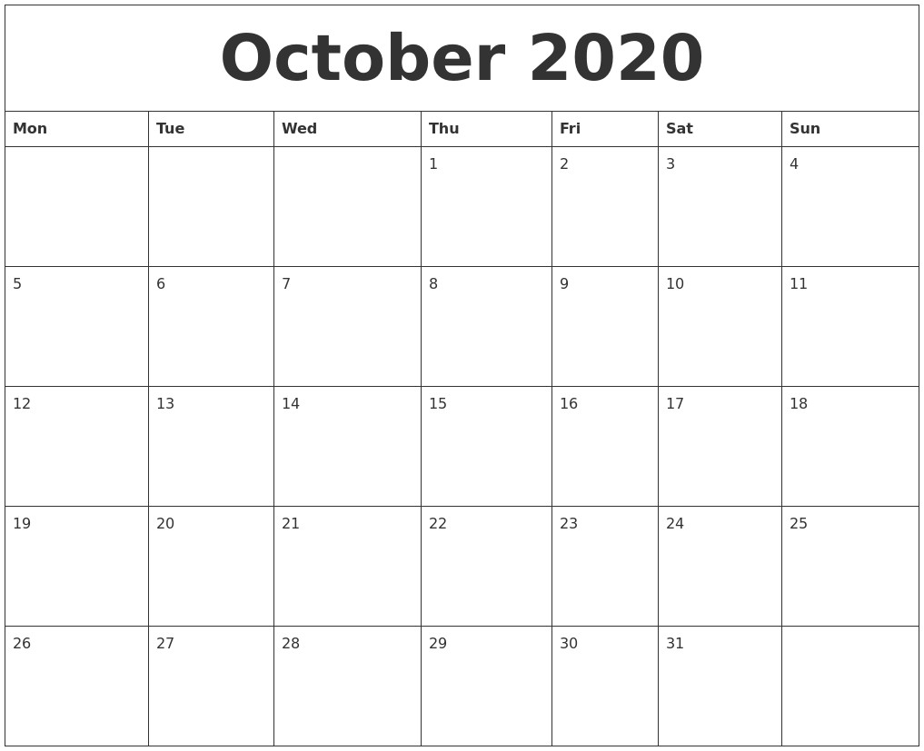 Free Printable October Calendar 2020 October 2020 Free Printable 