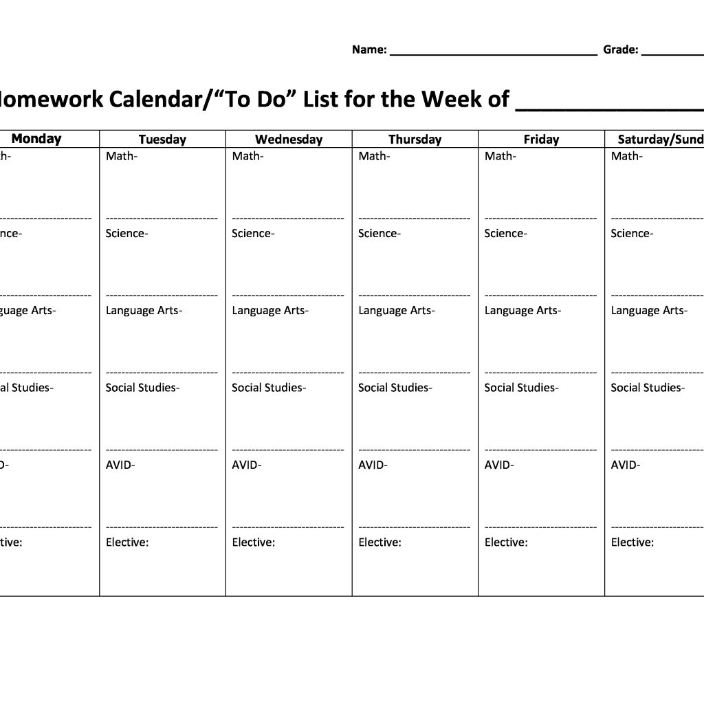 Free Printable Weekly Homework Calendar Templates At