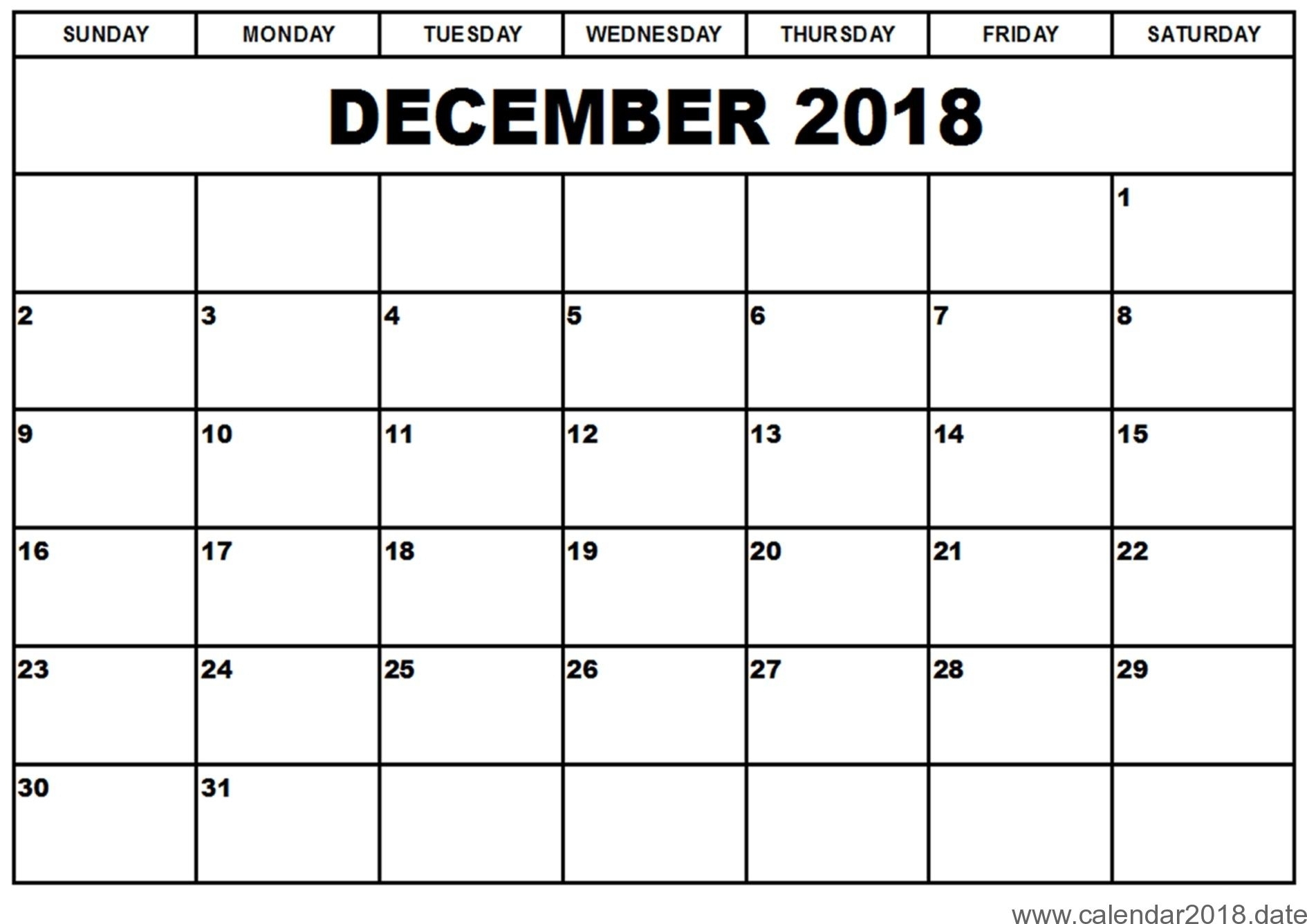 Full Page December Printable Calendar 2018 Blank Calendar Template 