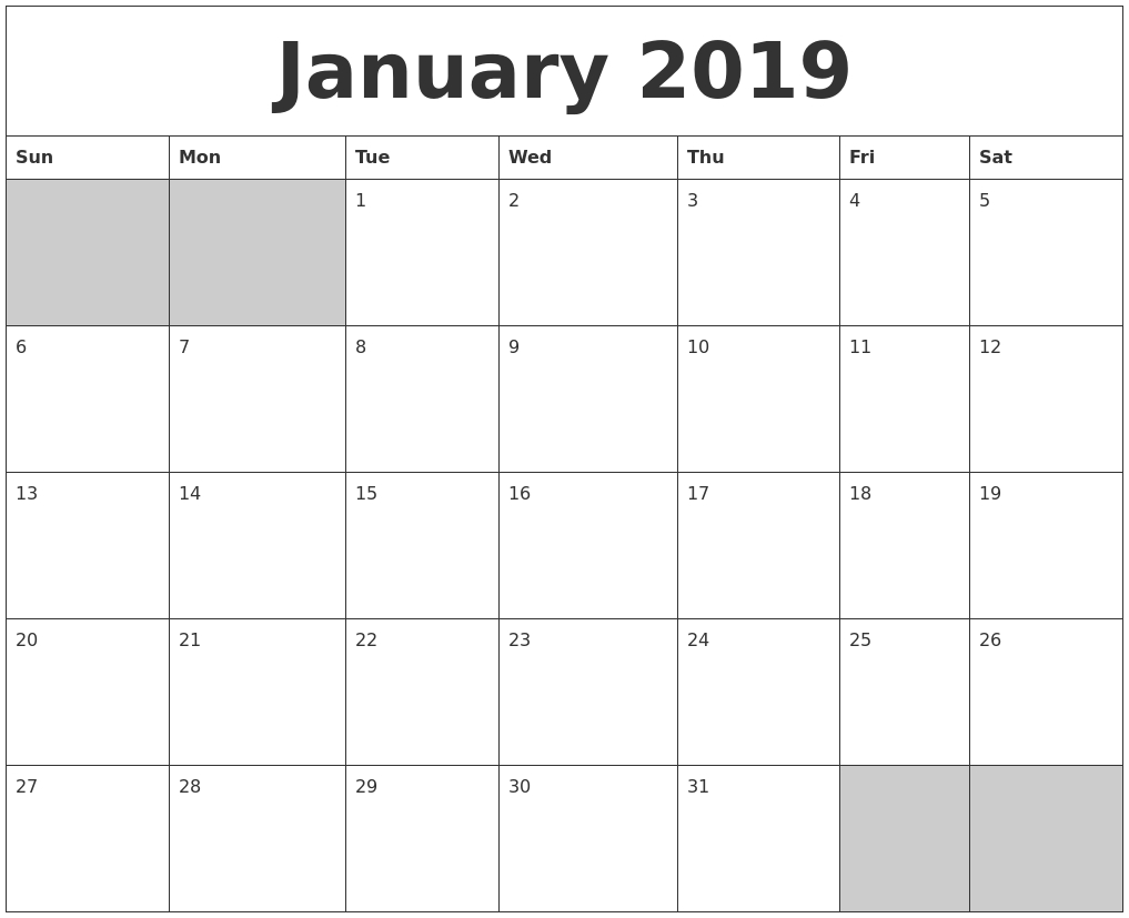 January 2019 Blank Printable Calendar