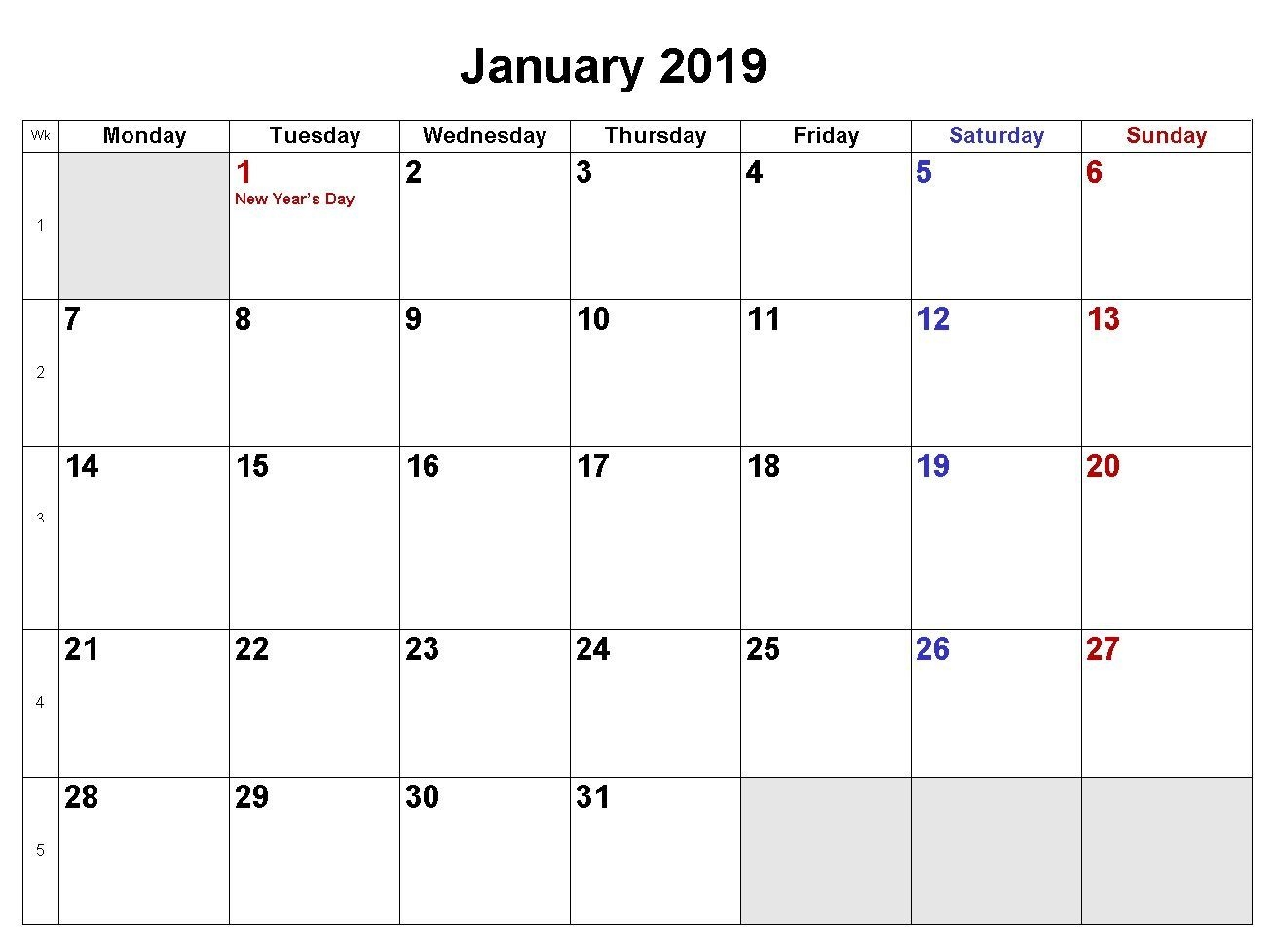 January 2019 Calendar Word Doc Template Of January 2019 Blank 