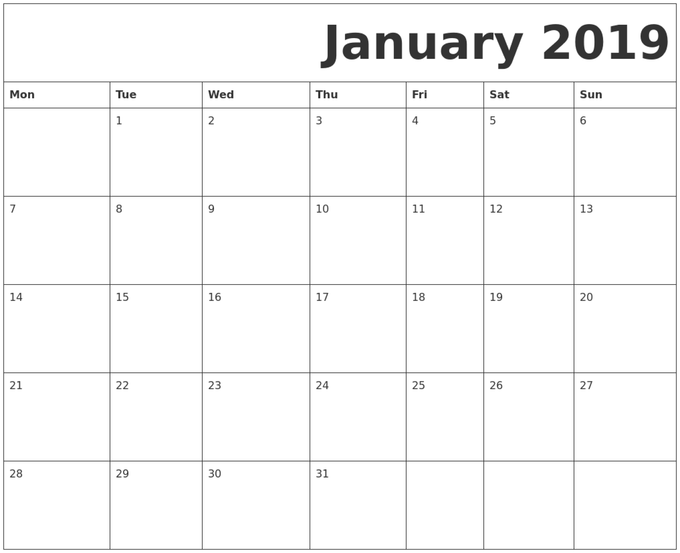 January 2019 Printable Calendar Monday Start January 2019 