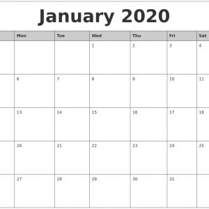 January 2020 Monthly Calendar Printable