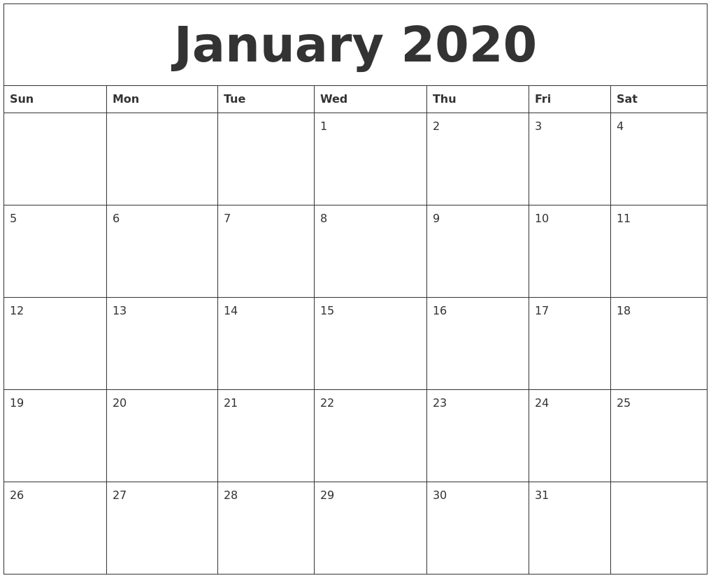 January 2020 Online Printable Calendar 