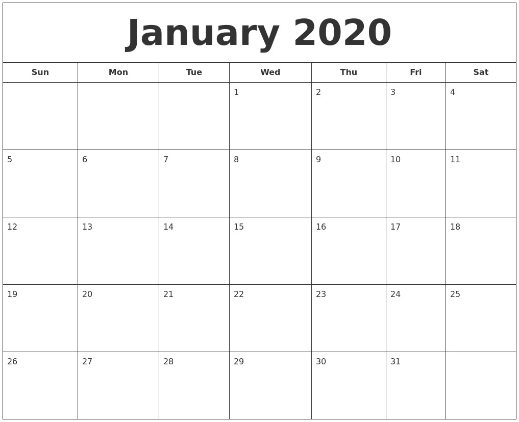 January 2020 Printable Calendar December 2019 Calendar Monthly