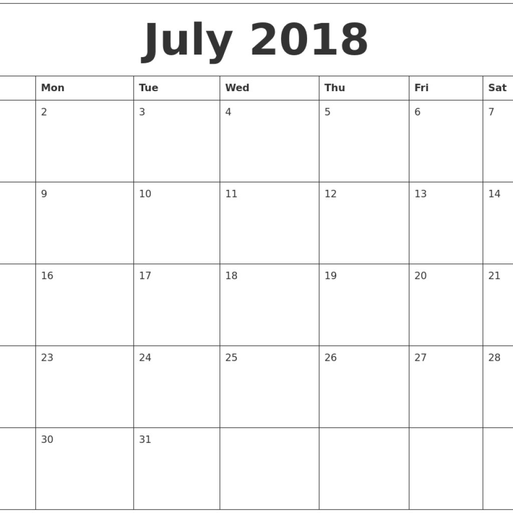 July 2018 Month Calendar Template