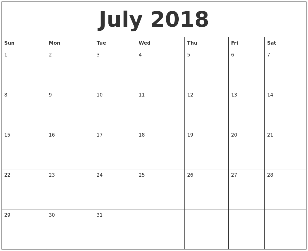 July 2018 Month Calendar Template 