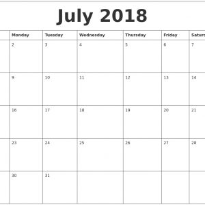 July 2018 Print Monthly Calendar