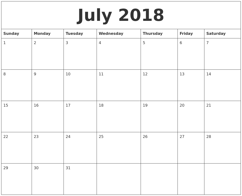 July 2018 Print Monthly Calendar