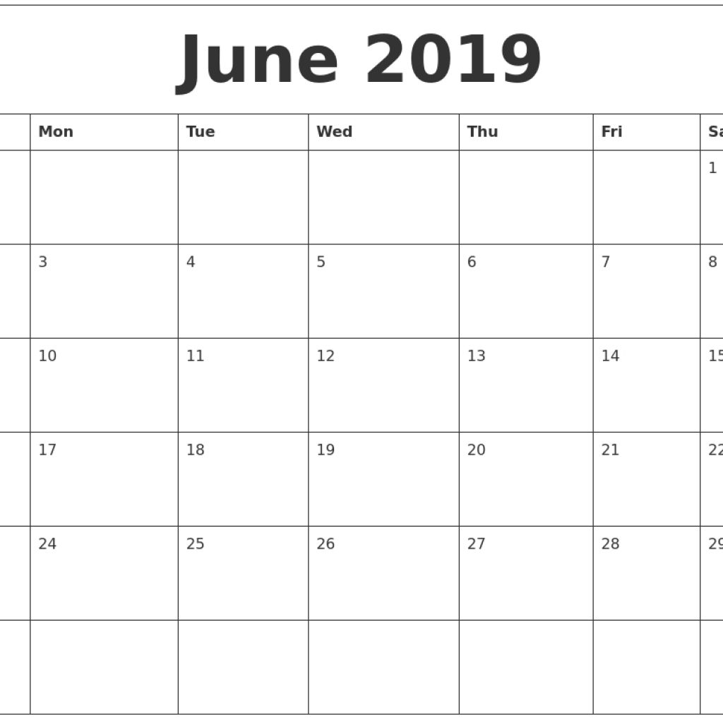 June 2019 Blank Monthly Calendar Template