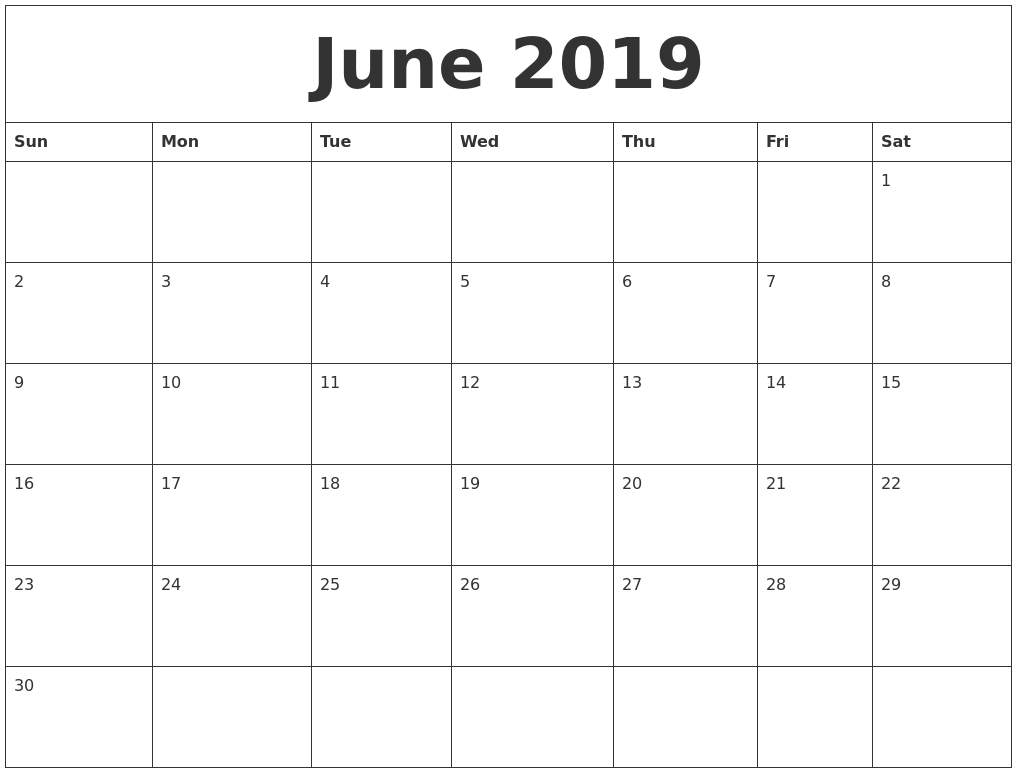 June 2019 Printable Calendar Free 