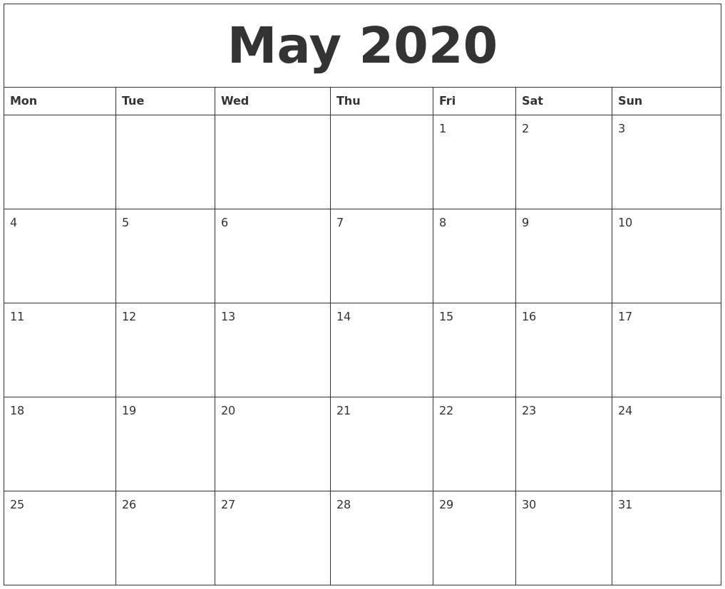 May 2020 Custom Printable Calendar 